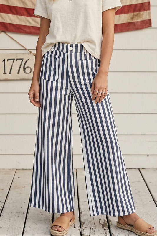 Striped Non Stretch Wide Leg Denim Pants: BLUE/WHITE