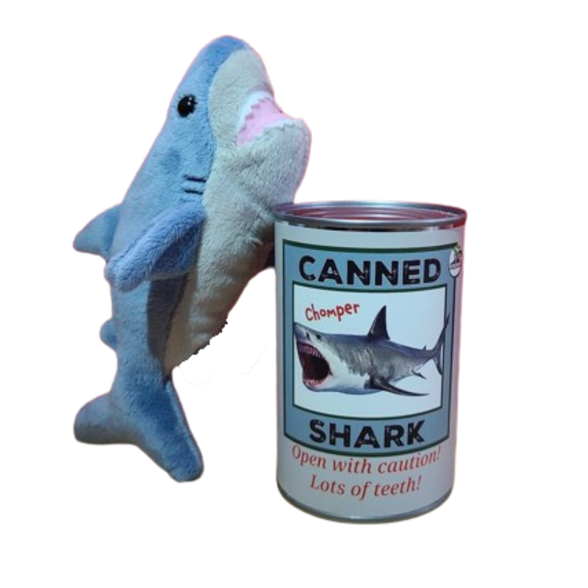 Canned Shark | Stuffed Animal Plush w/Jokes | Unique Gift: Pop Top Lid