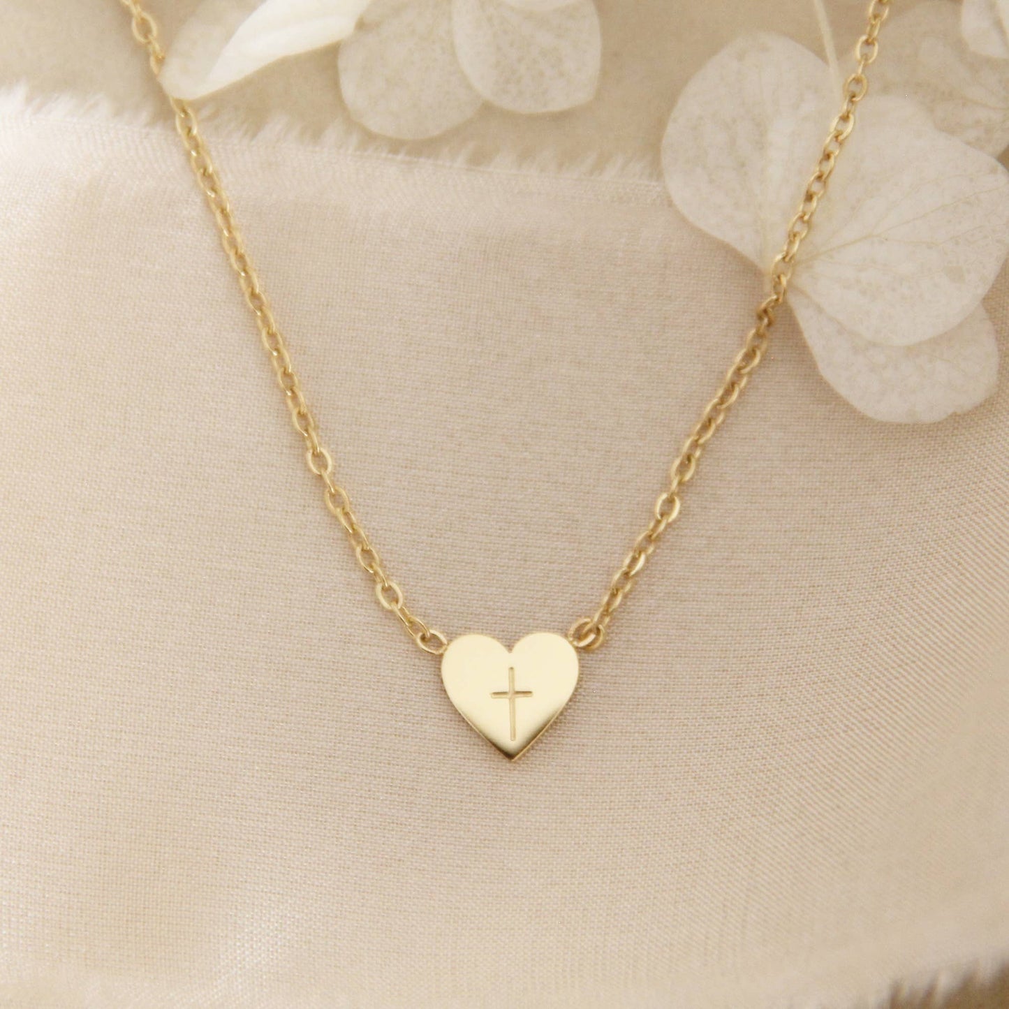 Tiny Heart Cross Necklace, Cross Christian Necklace Jewelry: Yellow Gold