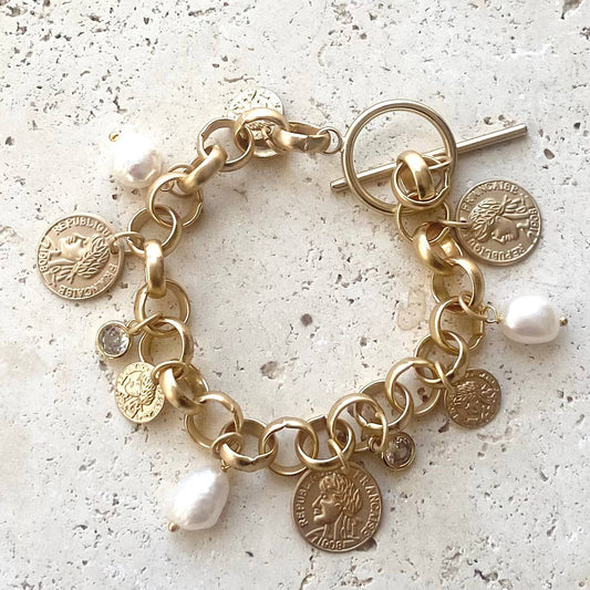 Charm coin bracelet French coin jewelry pearl fall jewelry: Gold