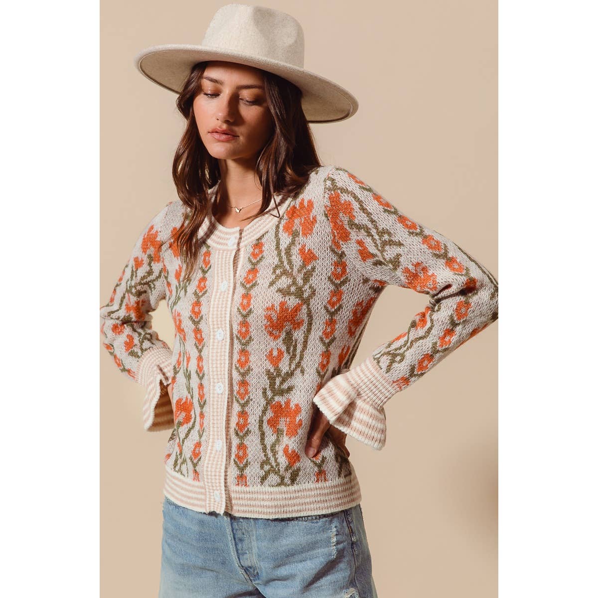 Floral Intarsia Button Up Sweater