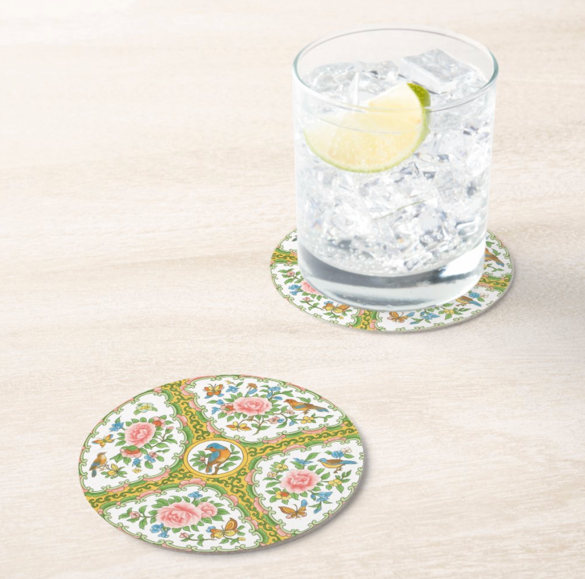 Antique Rose Yellow & Pink Birds & Floral Coaster Set: 8 / Retail