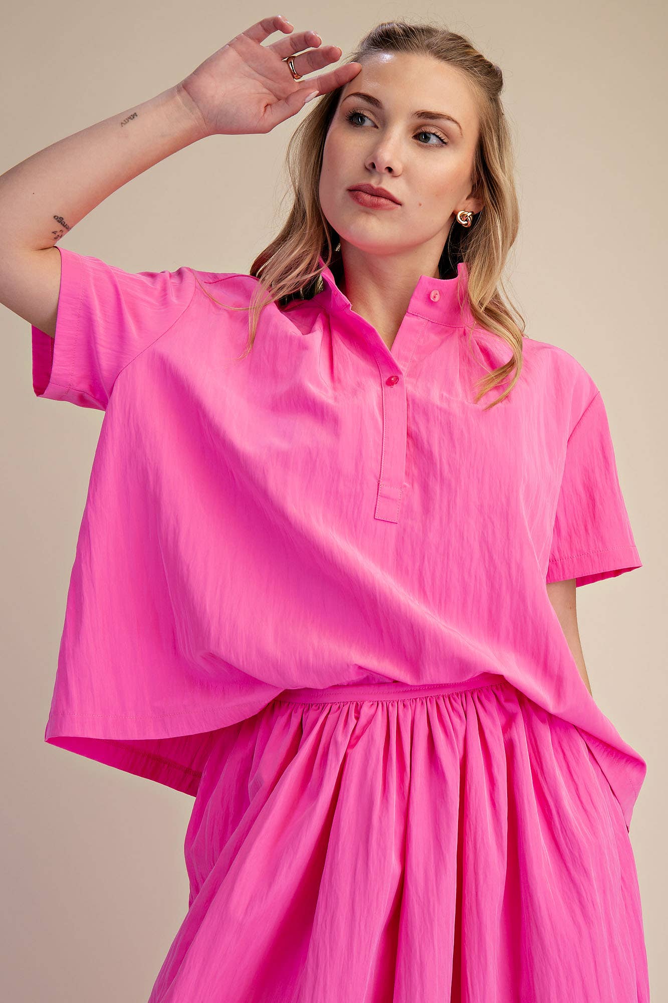 Stand Collar Short Sleeves Shirt: Pink