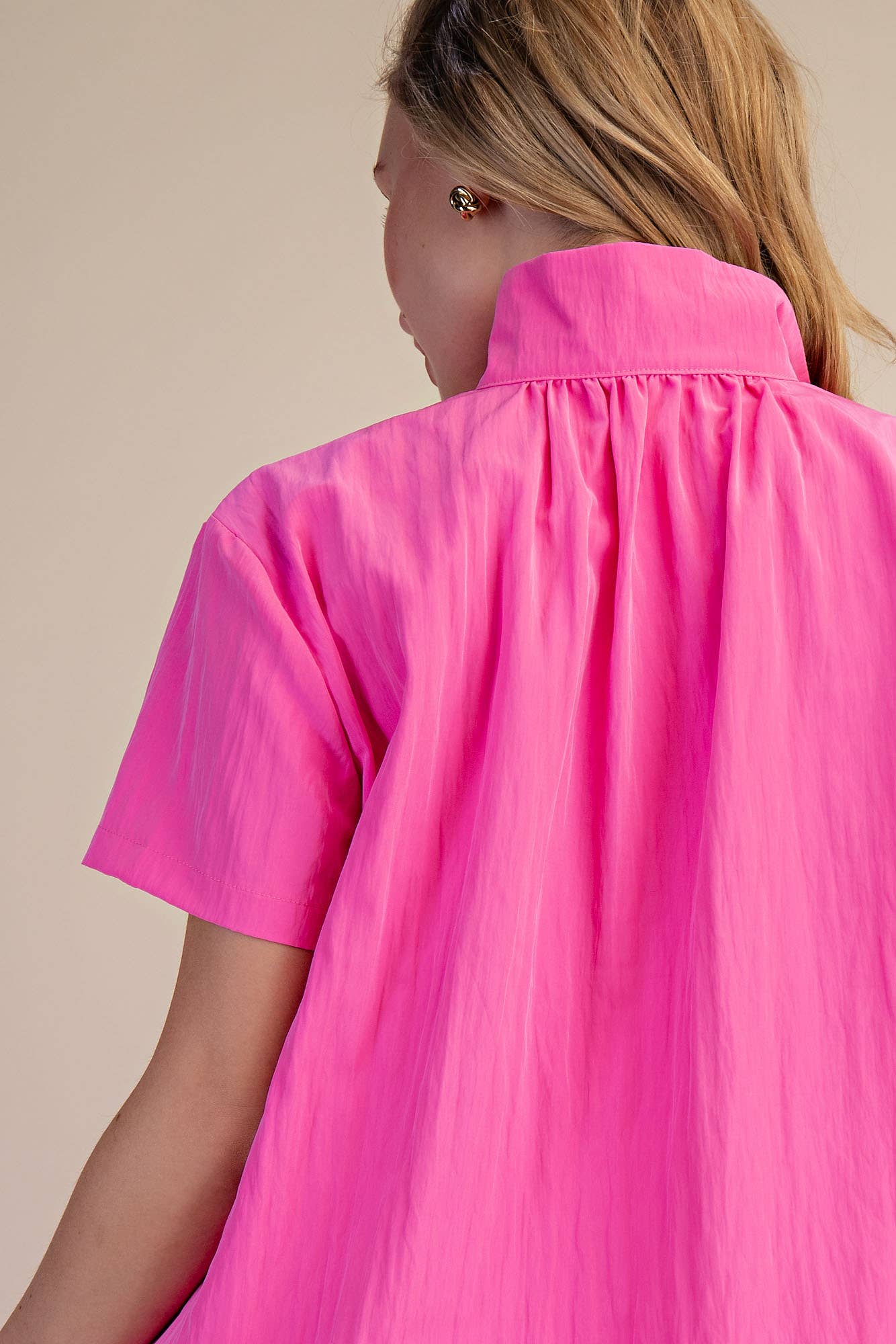 Stand Collar Short Sleeves Shirt: Pink