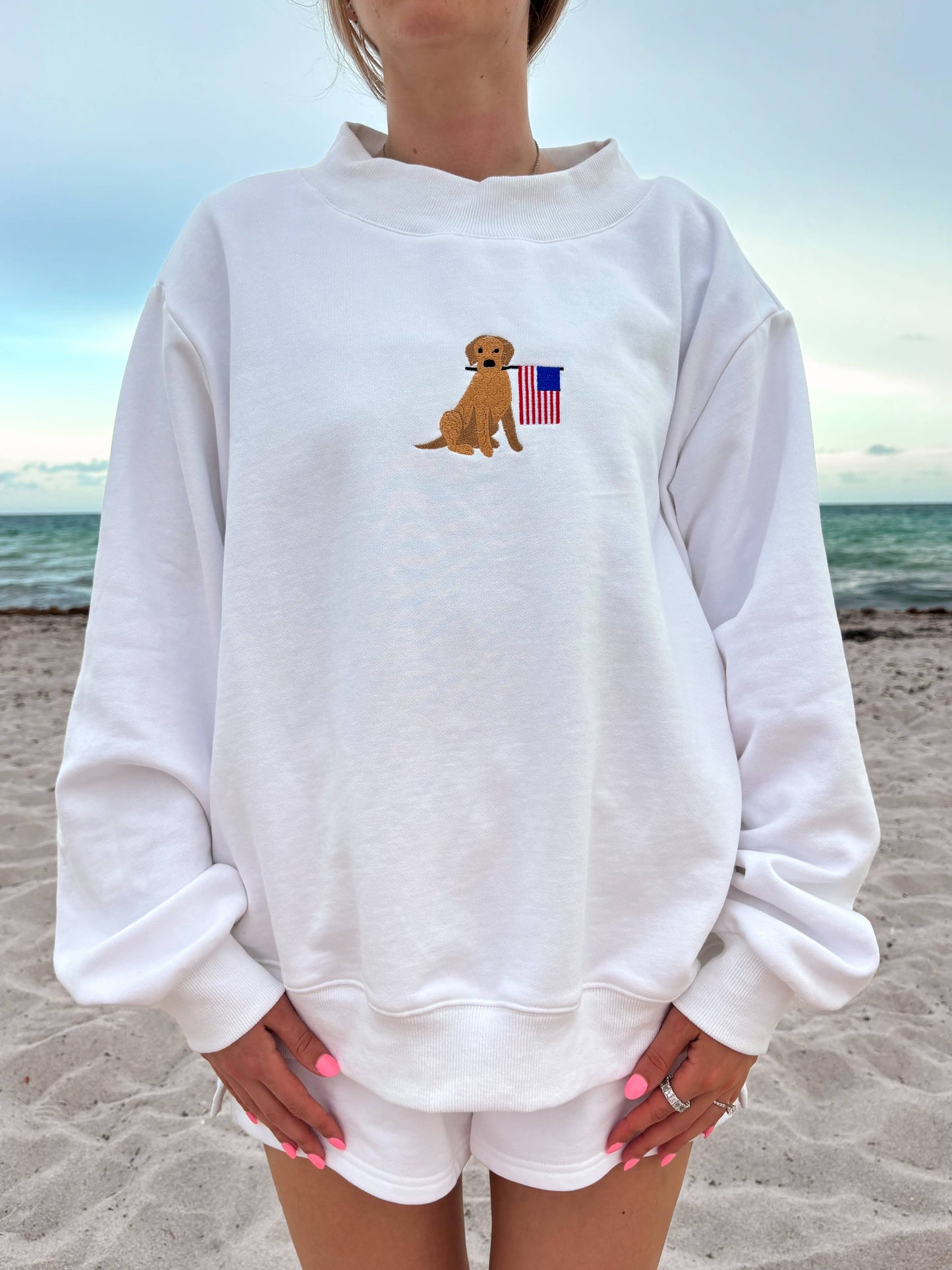 White American Flag Dog Mockneck Sweatshirt: White