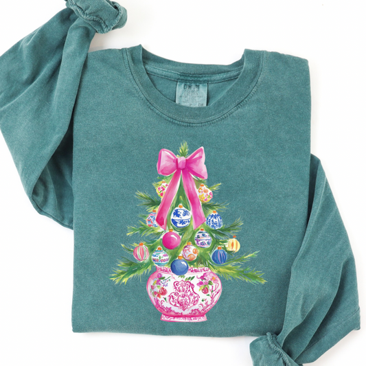 Pink Chinoiserie Christmas Long Sleeve Comfort Colors Tee : L