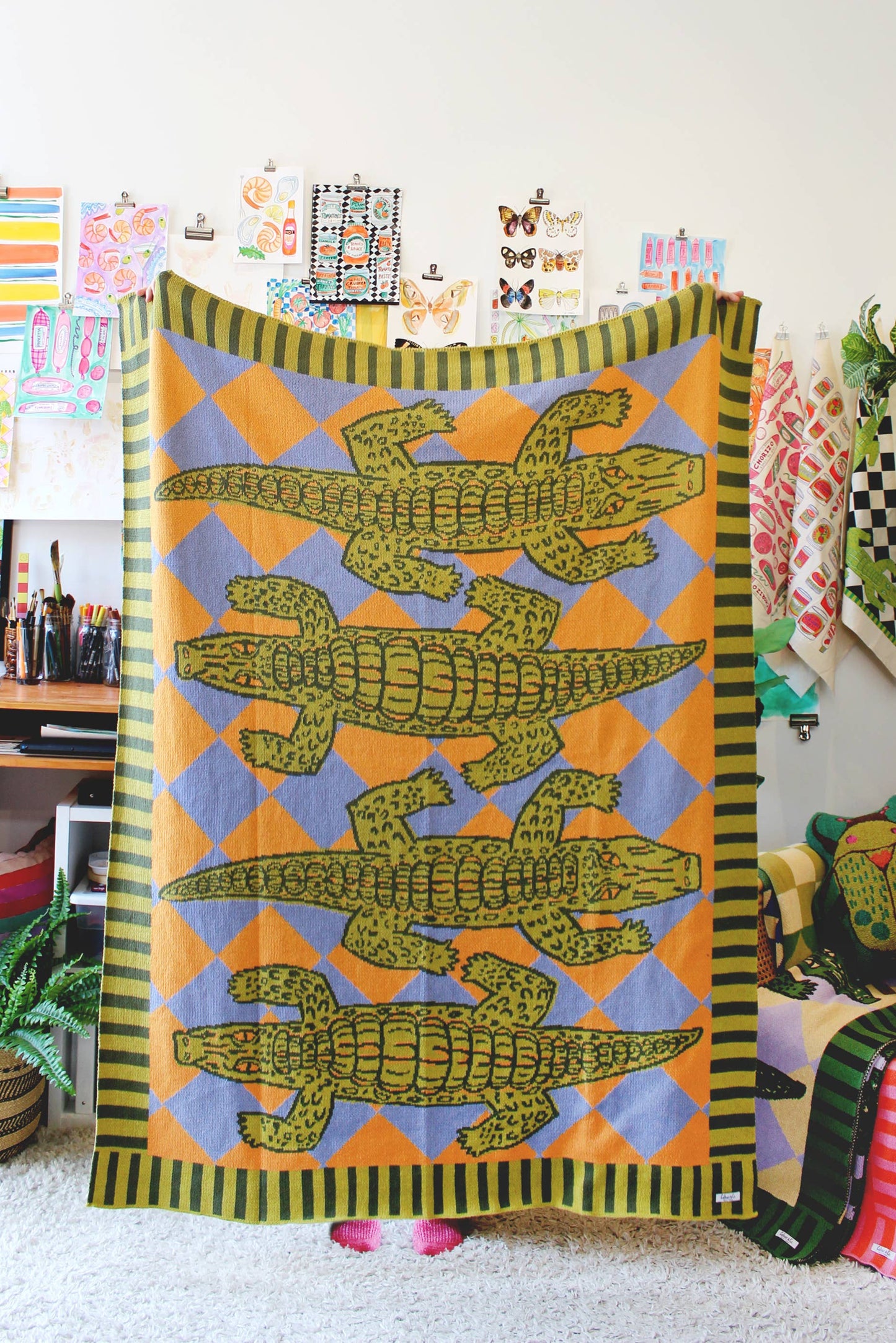 Alligator Patio Knit Throw Blanket: Golden Hour Chartreuse Olive Yellow