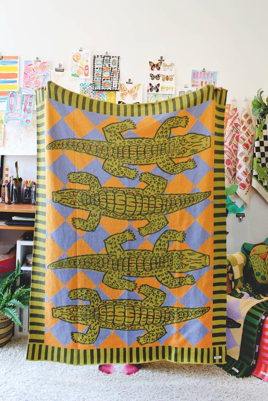 Alligator Patio Knit Throw Blanket: Golden Hour Chartreuse Olive Yellow