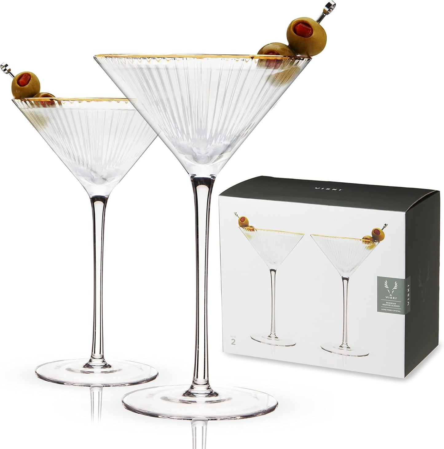Meridian Martini Glasses Art Deco Ripple Gold Rimmed Set of 2
