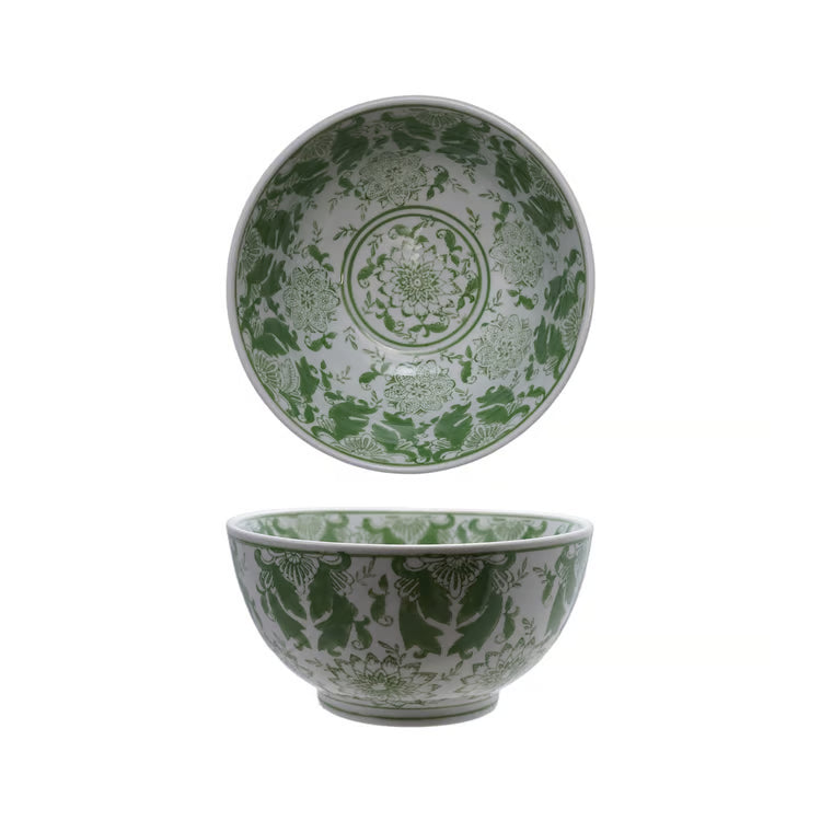 Stoneware Bowl Green Floral Pattern