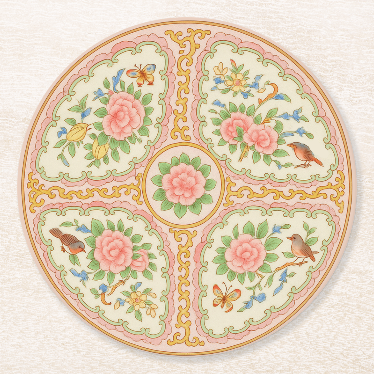 Antique Rose Medallion Pink & Gold Floral Coaster Set: 8