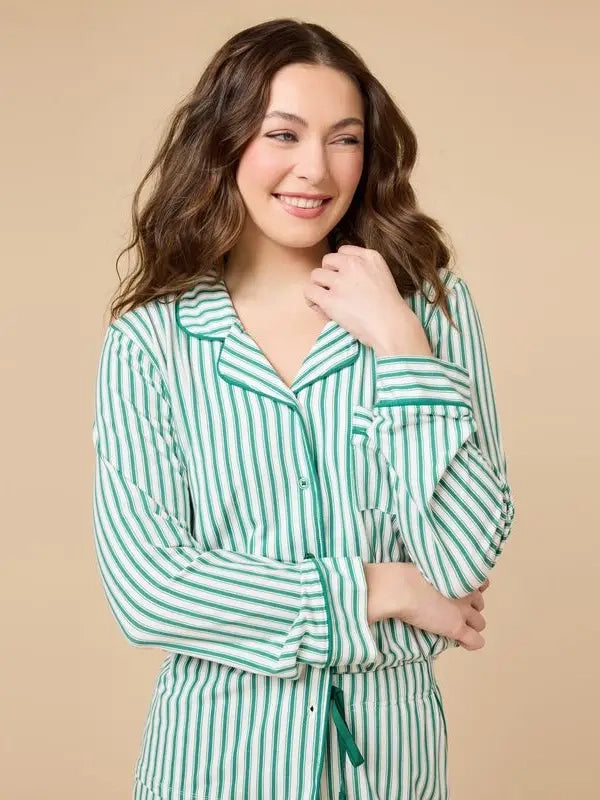 Green Stripe Notch Collar PJ Set