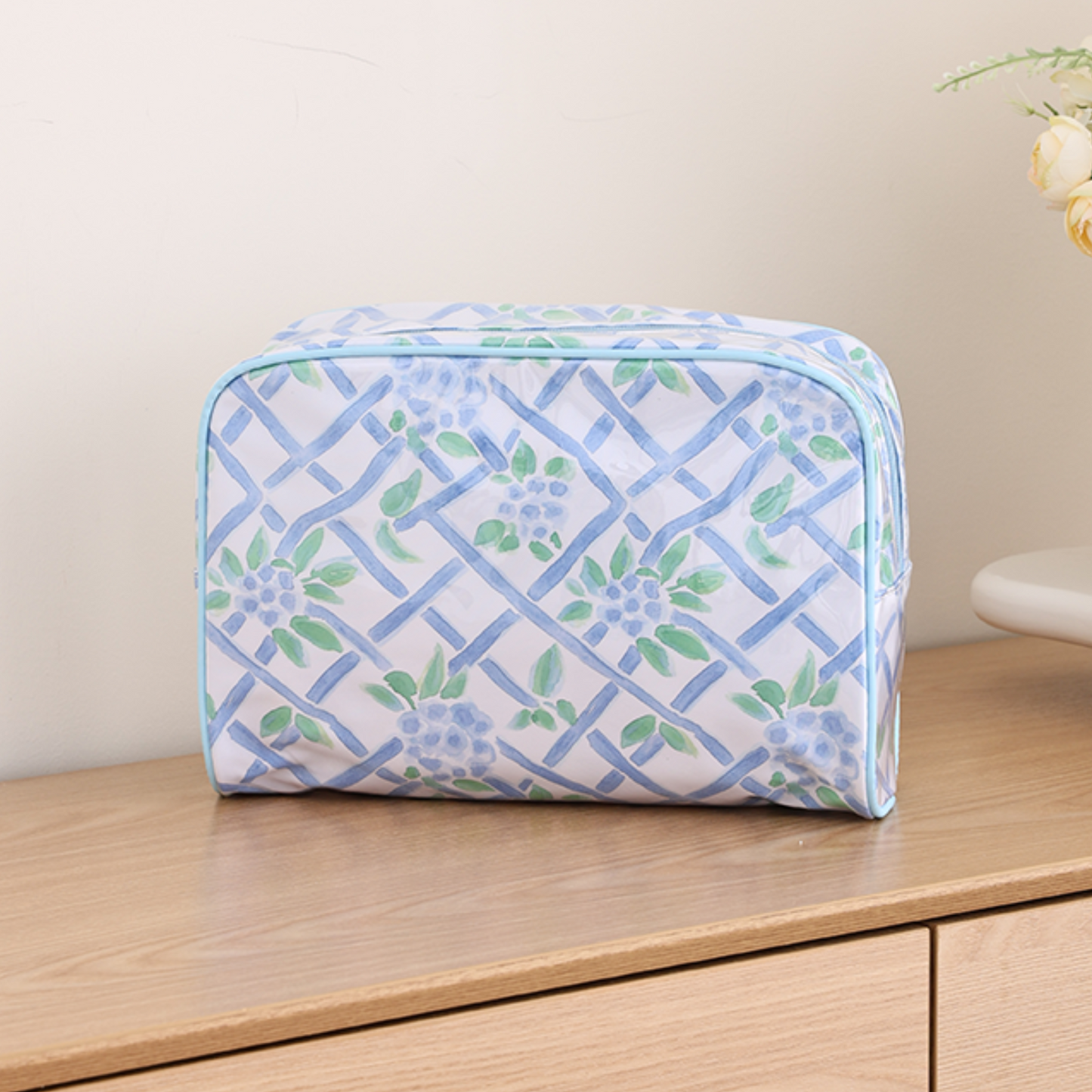 PVC Clear Coat Cosmetic Bag Make up Case Embroidery Blank: Seaside Vineyard