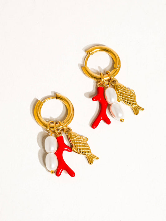 Rocaille 18K Gold Non-Tarnish Fish Pearl Earring: Red