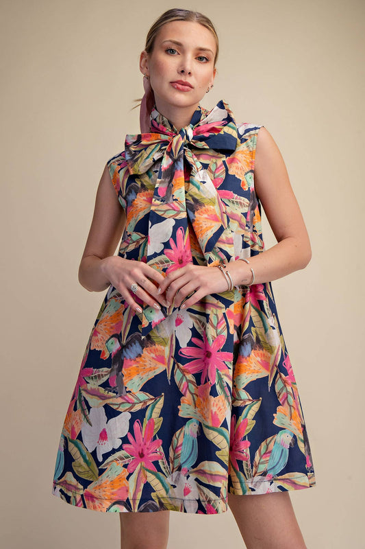 Tie Neck Sleeveless Floral Mini Dress: Navy