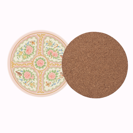 Pink Antique Rose Floral Cork Back Coaster Set of 2