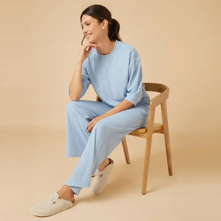 Terry Cropped Sleeve Crew Neck with Wide Leg Pants- Sky Blue