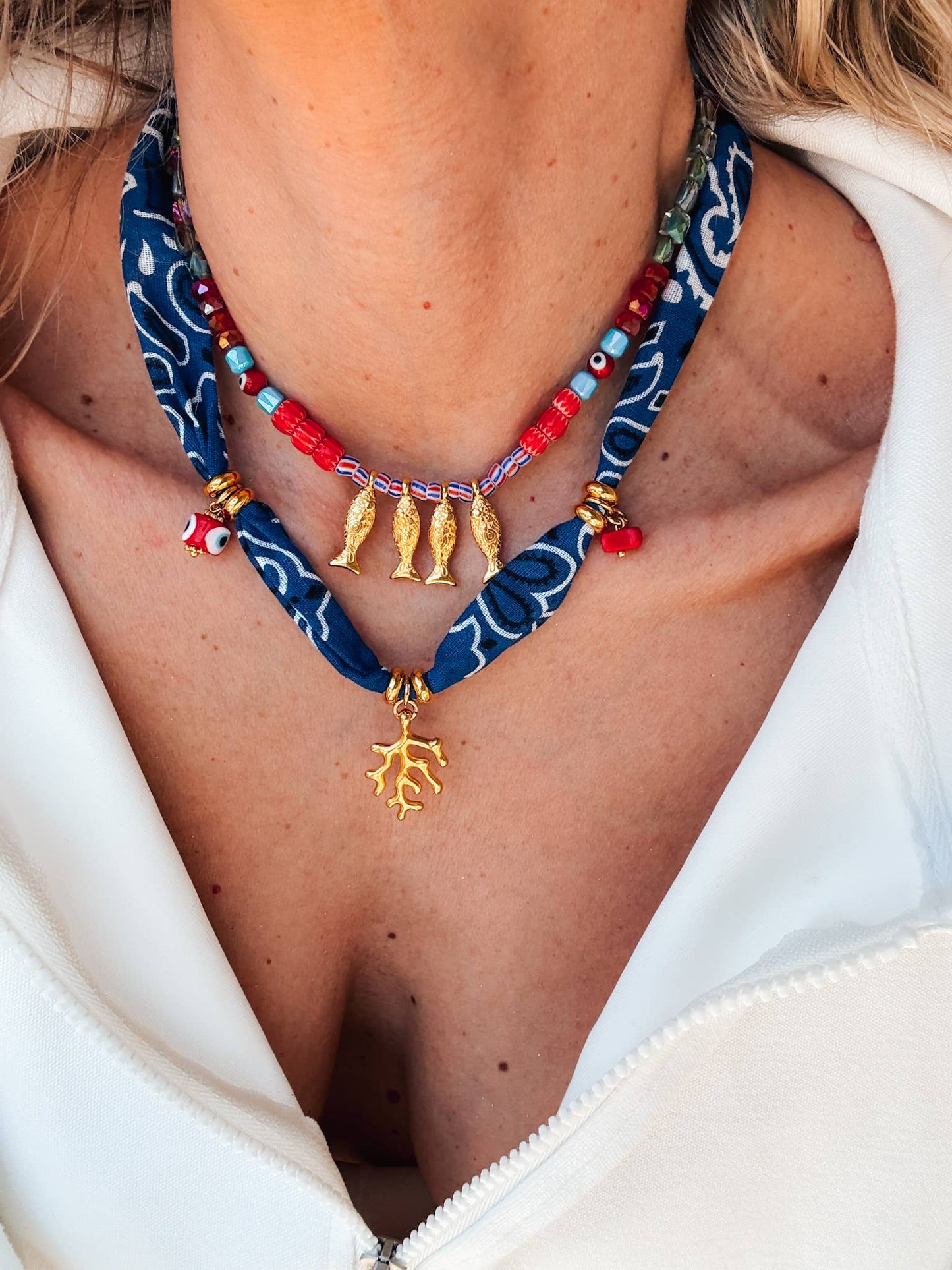 Bohemian blue bandana scarf & colorful beaded fish necklace: Blue Bandana