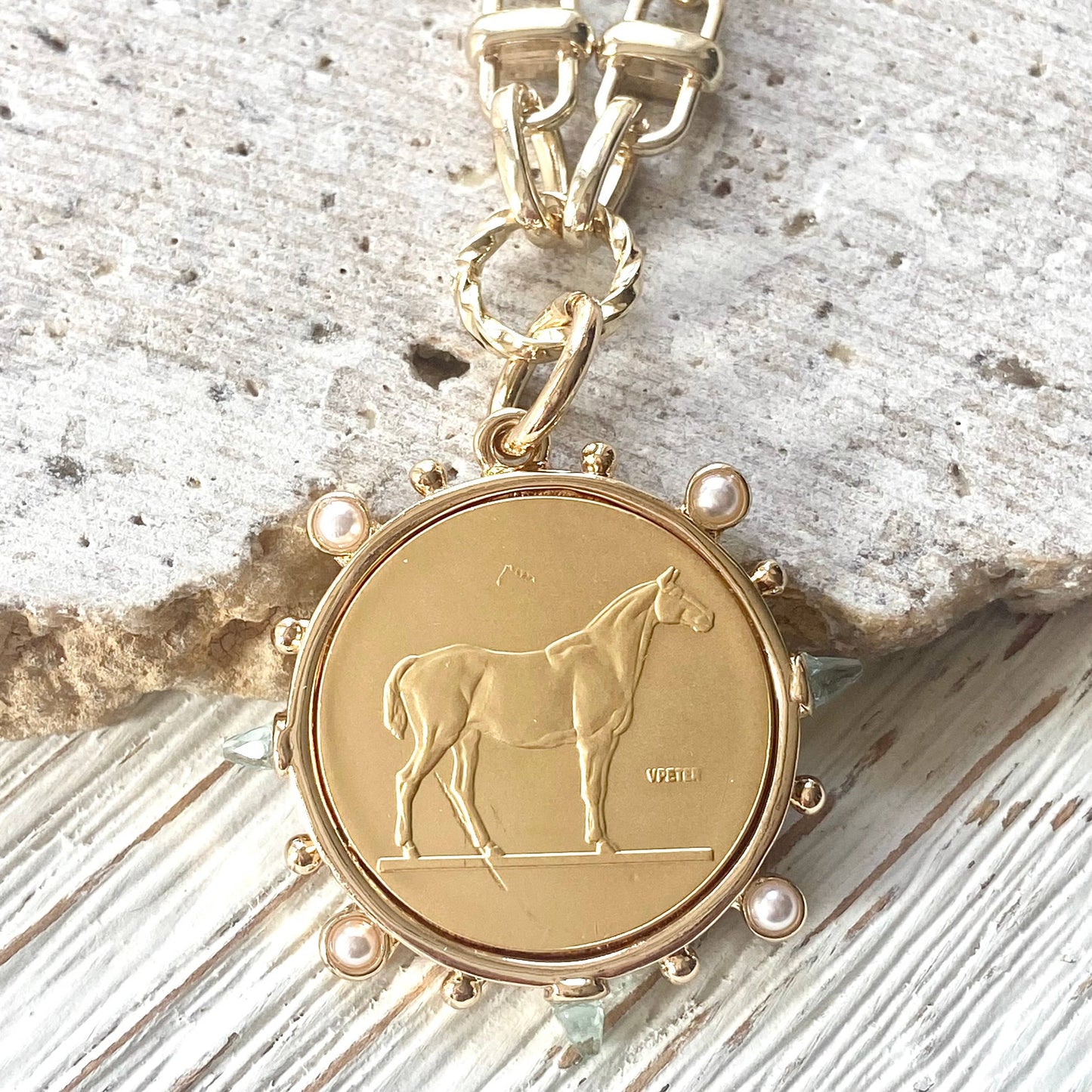 Equestrian Coin Pearl and Gold Necklace