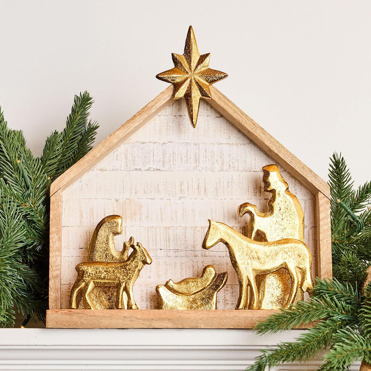 Gold Nativity Scene Wooden Stable with Metallic Figures