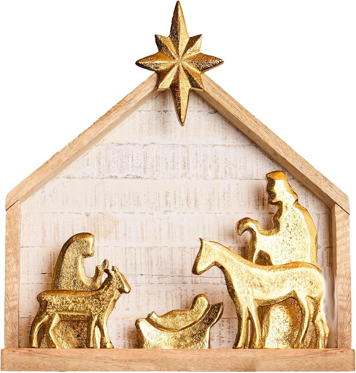 Gold Nativity Scene Wooden Stable with Metallic Figures