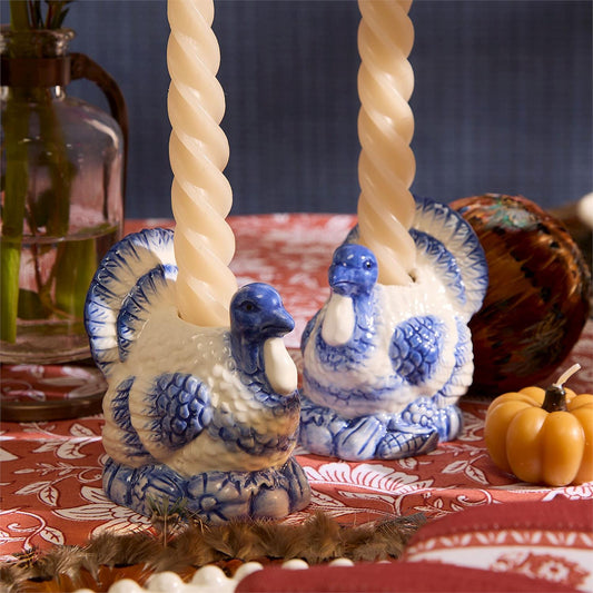 Blue and White Hand-Painted Turkey Candleholder