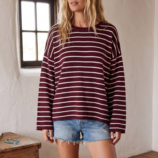 Oversized Lightweight Striped Sweater: Maroon