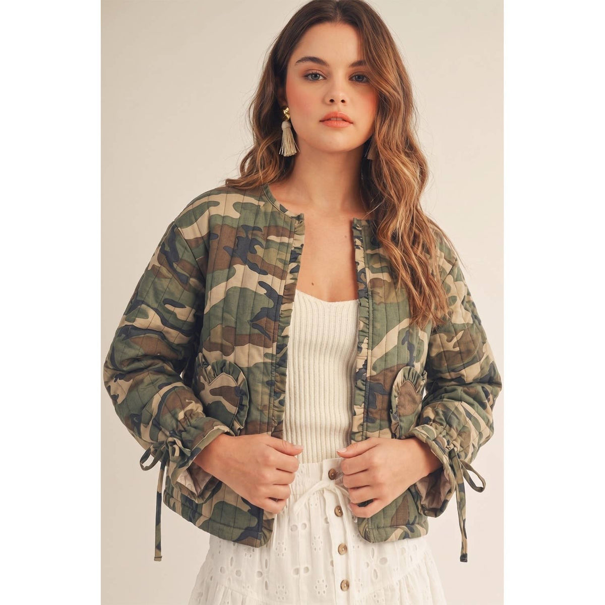 Camo Heart Pockets Ruffled Wrists Jacket: Camo