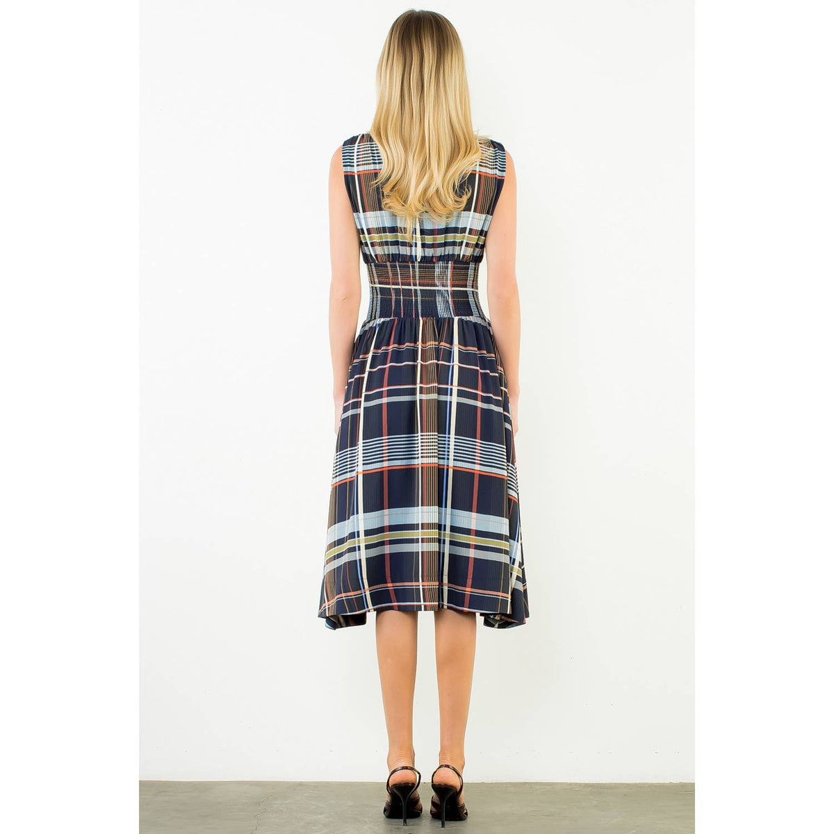Plaid Sleeveless Midi Dress With Zipper Front: NAVY