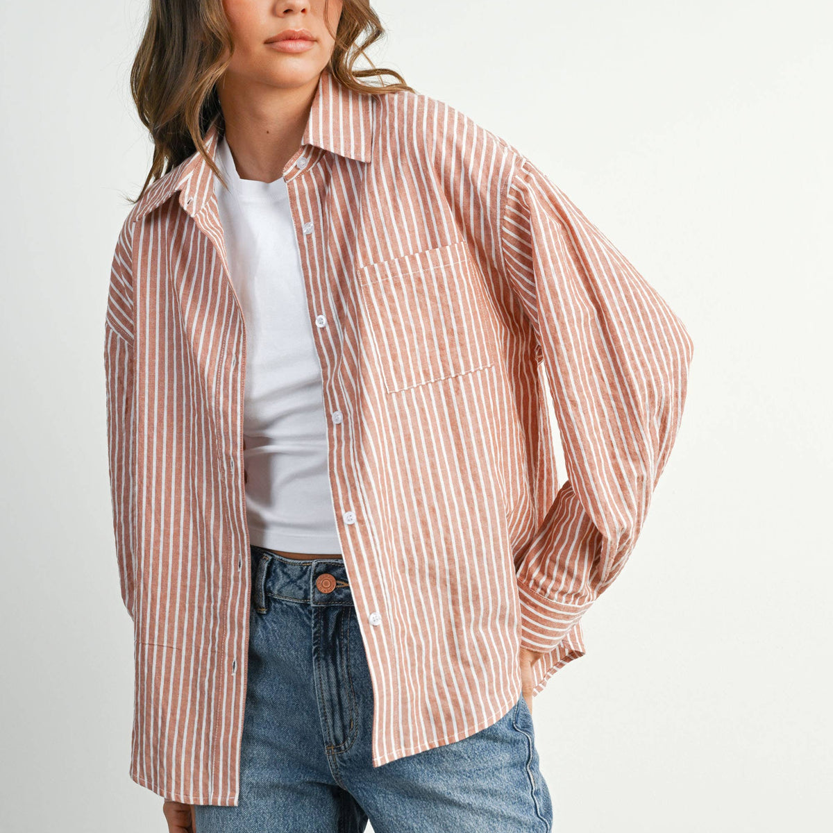 Cropped Striped Button-Up Collared Long Sleeve Top - Brick