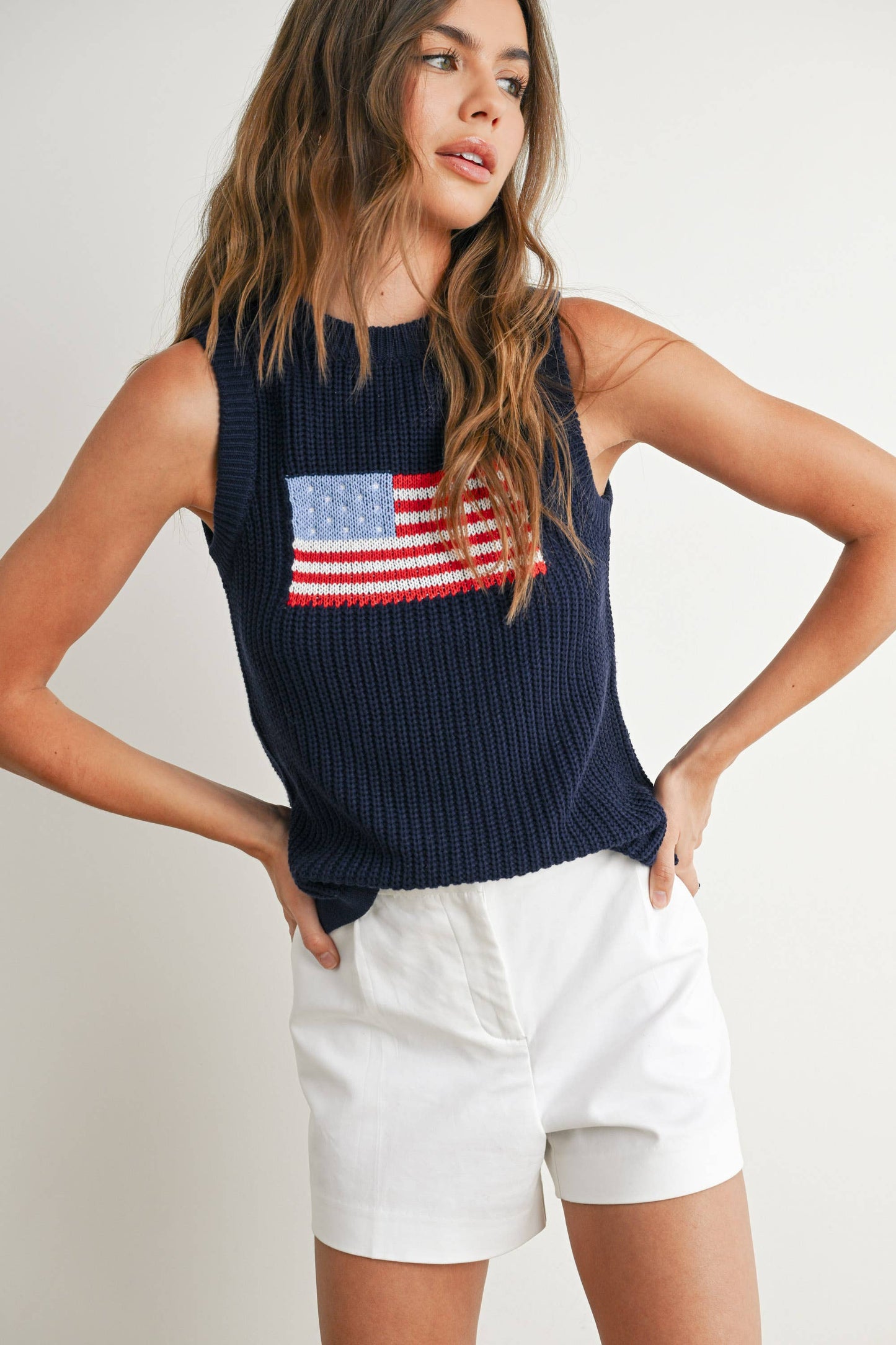 Flag Print Knitted Sleeveless Sweater - Navy