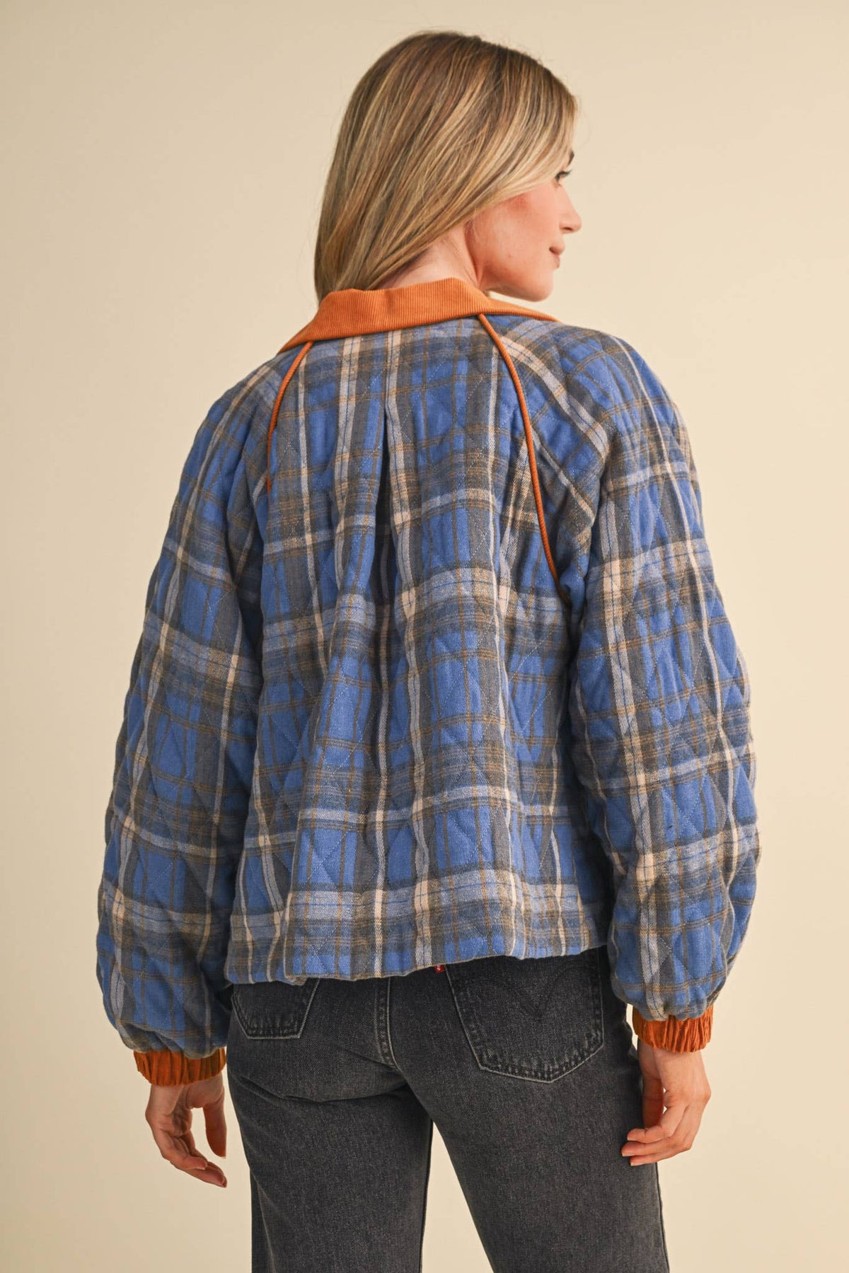 Plaid Quilted Jacket w/ Corduroy