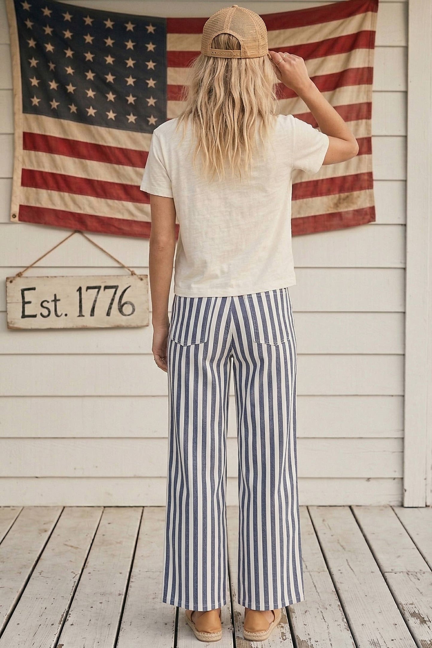 Striped Non Stretch Wide Leg Denim Pants: BLUE/WHITE
