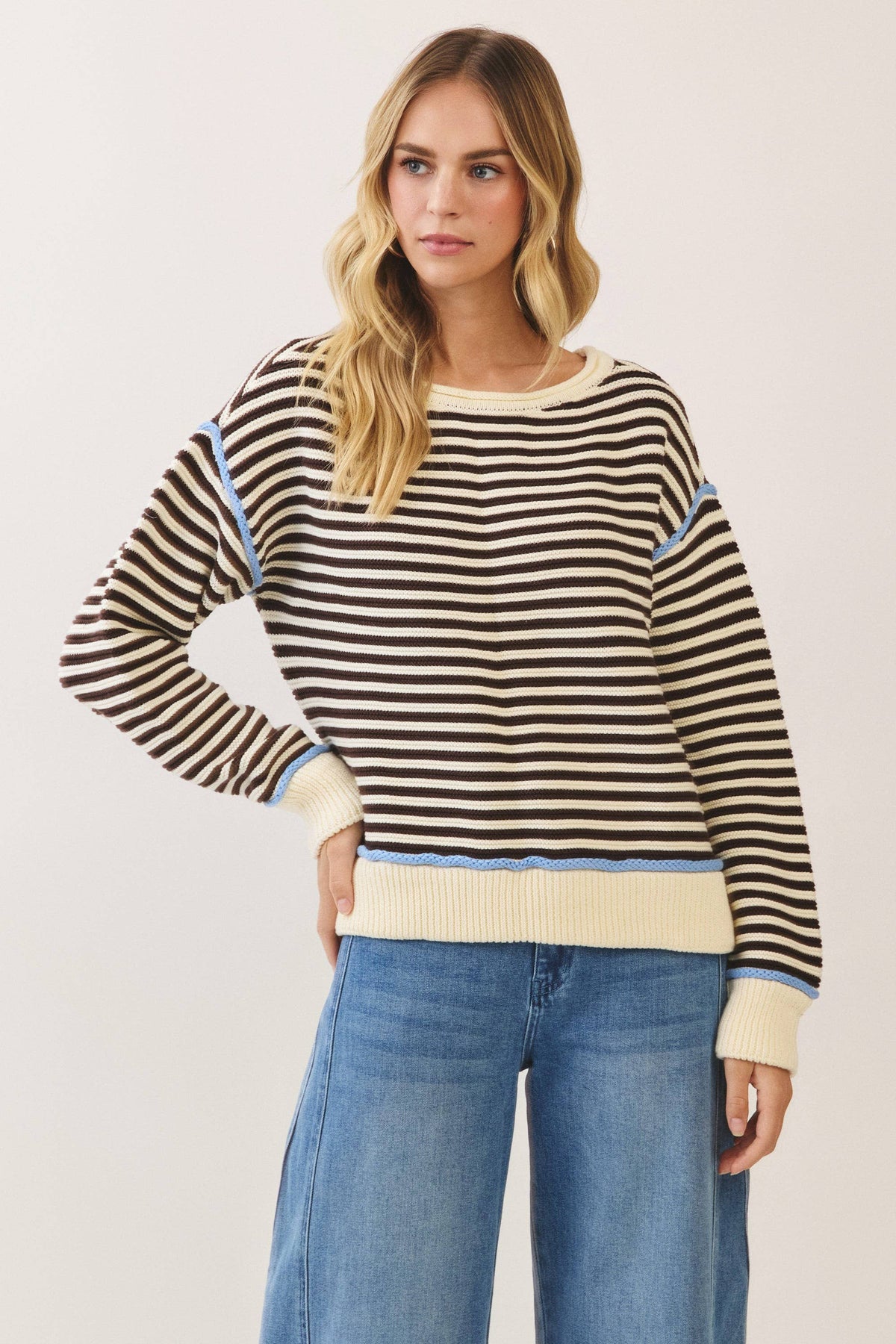 Contrast Trim Striped Knit Sweater: CREAM