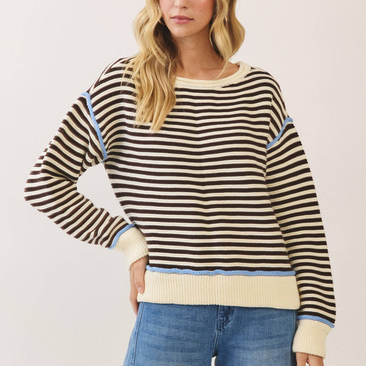 Contrast Trim Striped Knit Sweater: CREAM