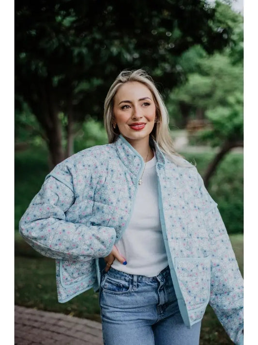 Light Blue Dainty Floral Lightweight Quilted Jacket