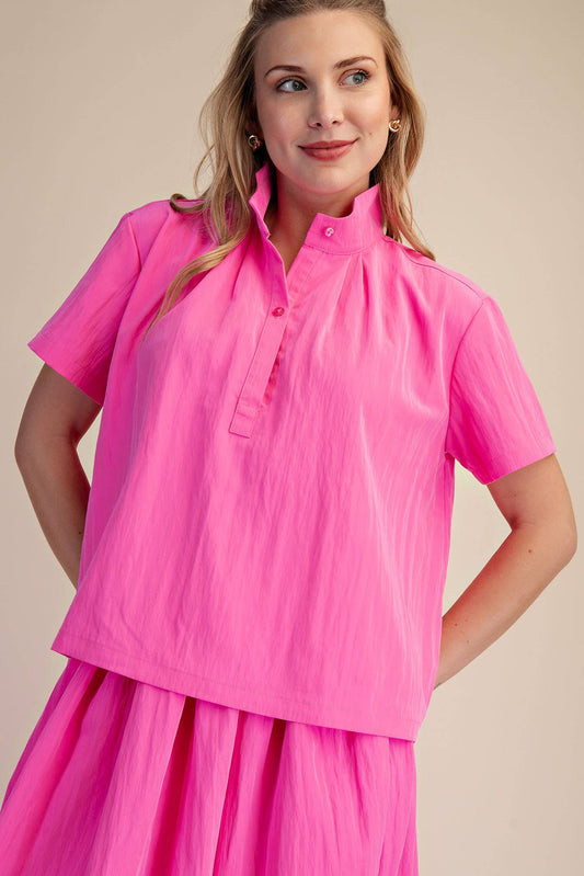 Stand Collar Short Sleeves Shirt: Pink
