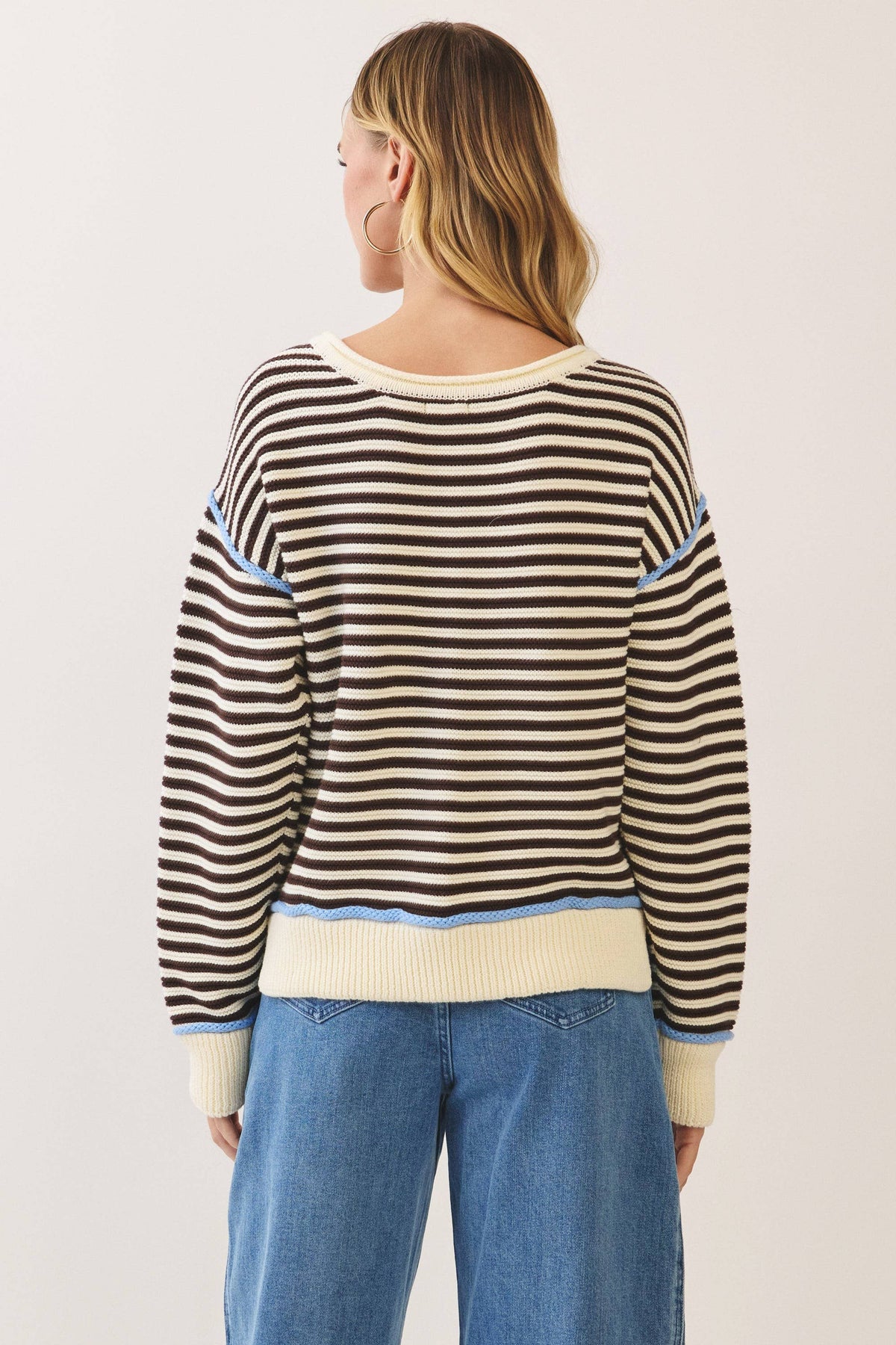 Contrast Trim Striped Knit Sweater: CREAM