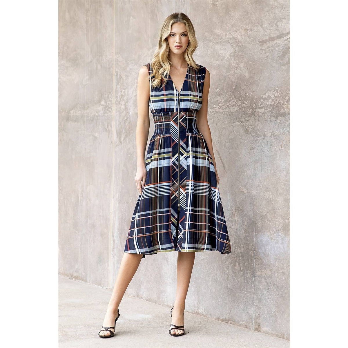 Plaid Sleeveless Midi Dress With Zipper Front: NAVY
