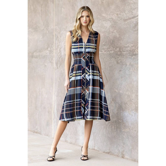 Plaid Sleeveless Midi Dress With Zipper Front: NAVY