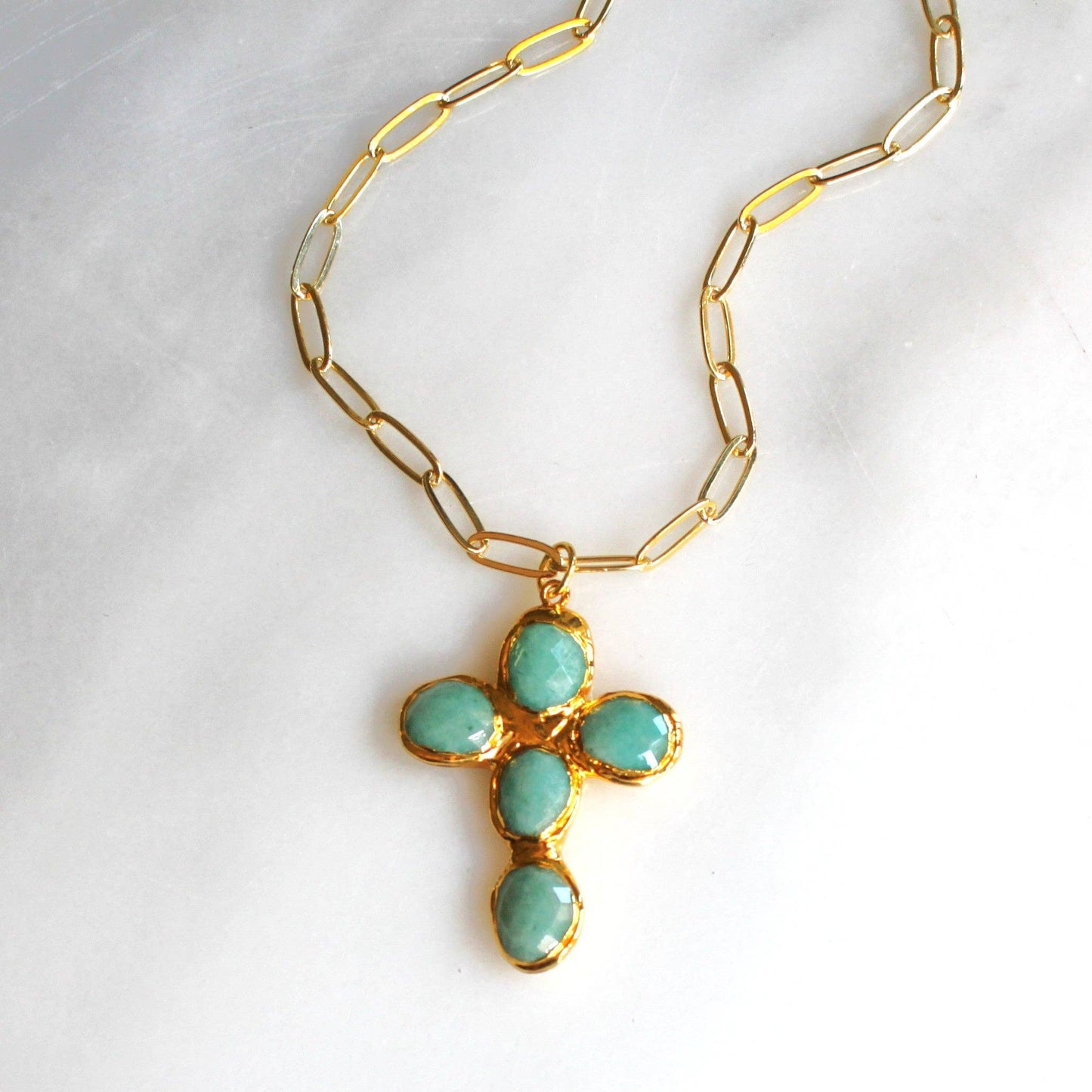 Amazonite Cross Medallion Necklace: 17 inch