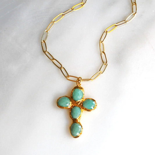 Amazonite Cross Medallion Necklace: 17 inch