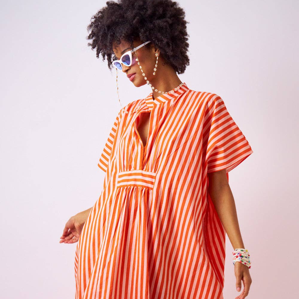 Margot Stripe Kaftan Coral + Blush -  Internal Drawstring Fits Most