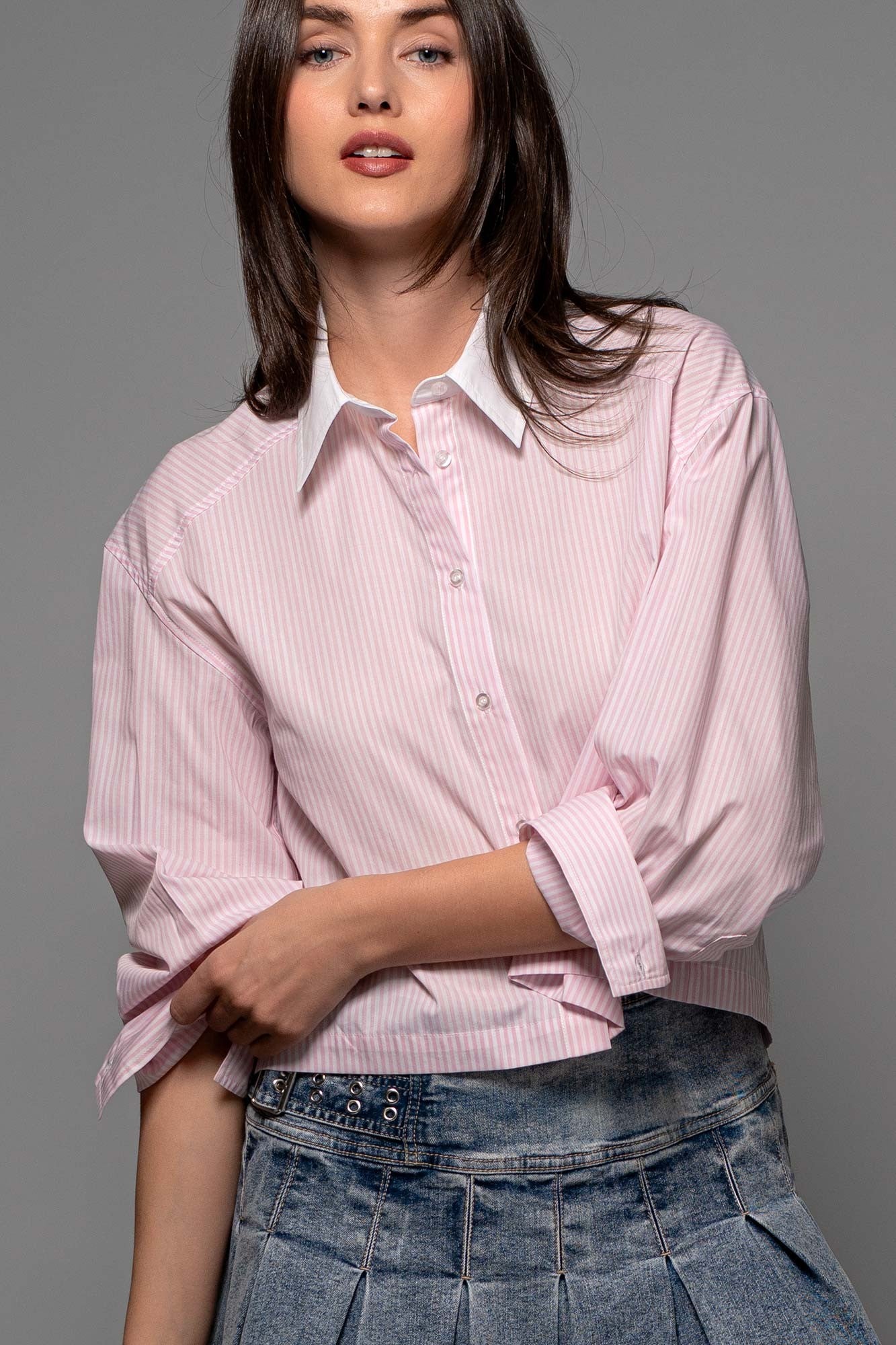 Striped Oversized Collared Top Light Pink