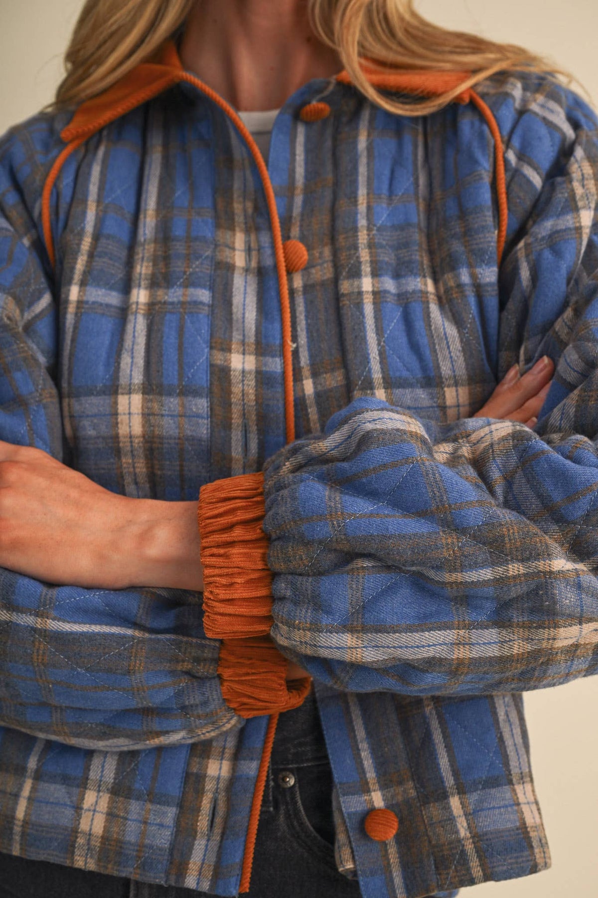 Plaid Quilted Jacket w/ Corduroy