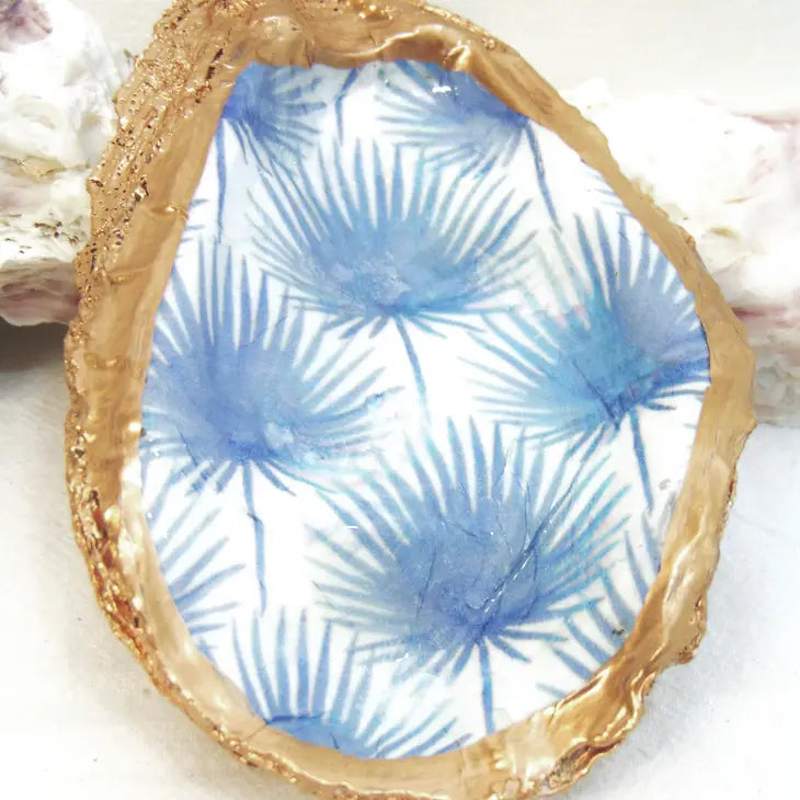 Blue Frond- Designer Oyster Shell Jewelry Bowl Watercolor