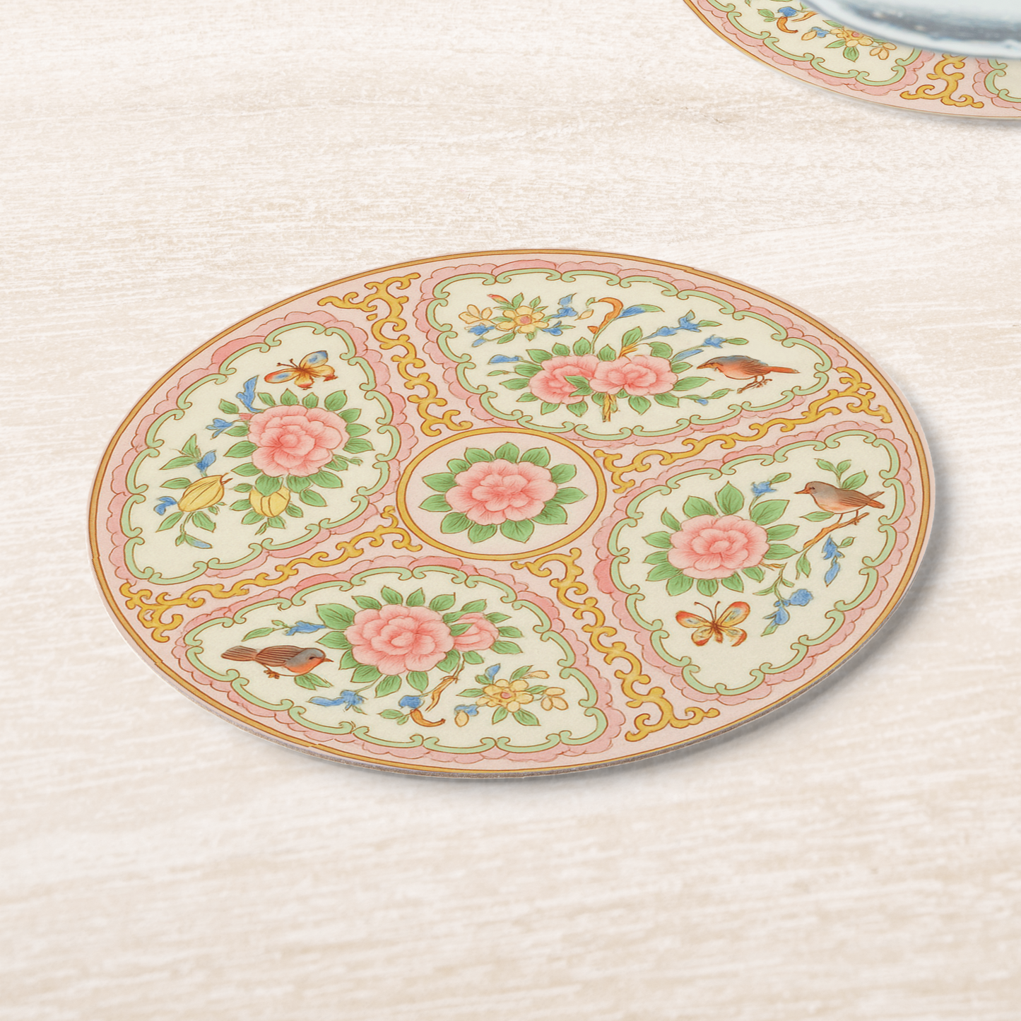 Antique Rose Medallion Pink & Gold Floral Coaster Set: 8