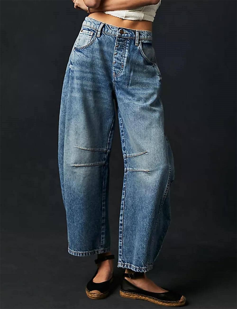 Ladies Mid Rise Wide Leg Barrel Jeans Denim Blue