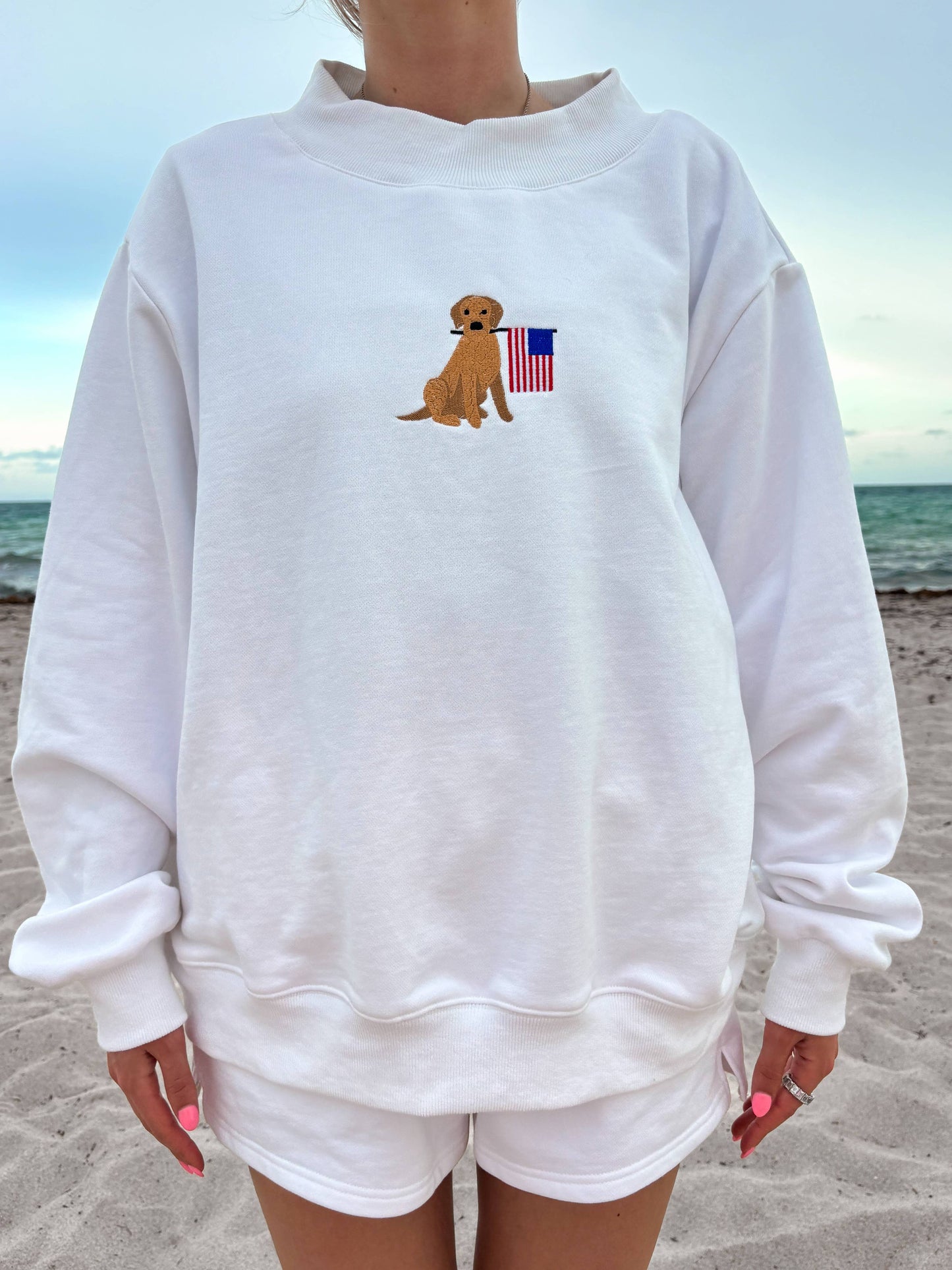White American Flag Dog Mockneck Sweatshirt: White