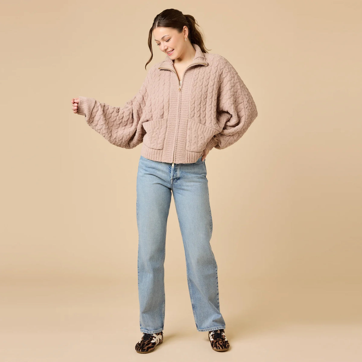 Cable Knit Marshmallow Funnel Neck Double Zip Jacket Almond